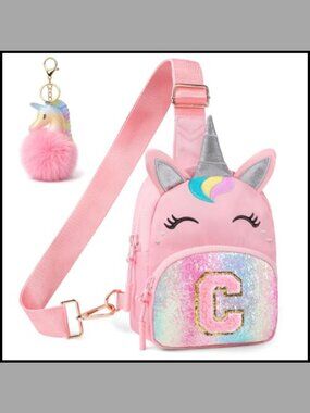 Girls Unicorn Crossbody Bag Sequin Initial Purse with Pom Keychain